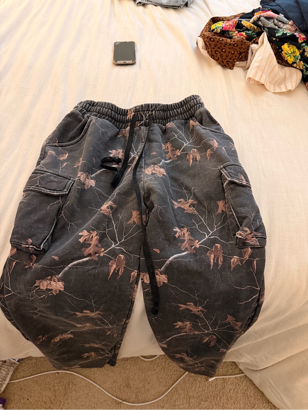 Ovi Black Cargo Jogger Pants with Brown Leaf Print